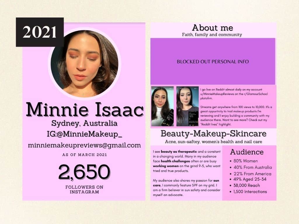 Social media influencer profile for Minnie Isaac showcasing beauty, skincare, and audience insights.