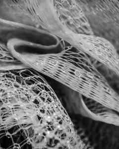 A black and white picture of a loofah, zoomed in to show the bound plastic material.