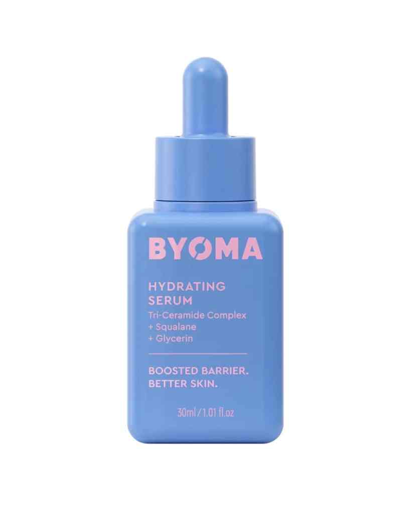 Blue BYOMA hydrating serum bottle with dropper for moisturising and barrier repair.