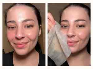 Close-up of woman showing glowing skin and skincare routine with gentle product application.