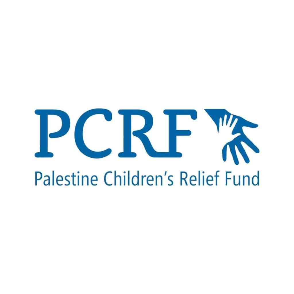 Logo of Palestine Children’s Relief Fund (PCRF) featuring blue hands and text.