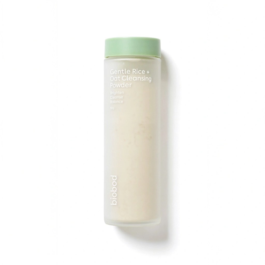 best cleansing powder for sensitive skin from biobod. In a tall glass bottle against a white background.