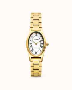 A luxurious gold wristwatch featuring a white dial with Roman numerals, perfect for stylish accessories and modern elegance.