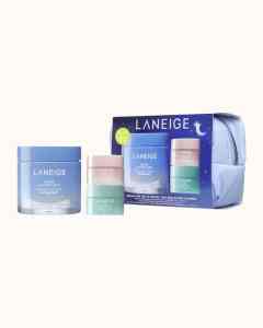 Laneige skincare set with sleeping mask, hydrating creams, and travel pouch for overnight beauty.