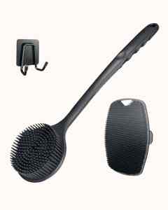 Black pet grooming brush with ergonomic handle and comb.