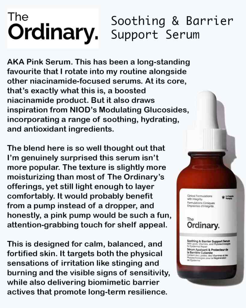 A close-up of The Ordinary's soothing and barrier support serum bottle with dropper, ideal for healthy skincare routines.