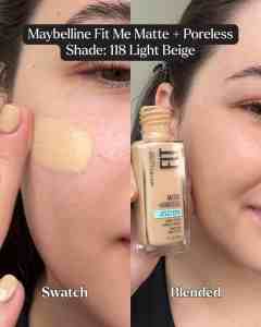 Close-up of applying and blended Maybelline Fit Me Matte + Poreless foundation, shade 118 Light Beige.