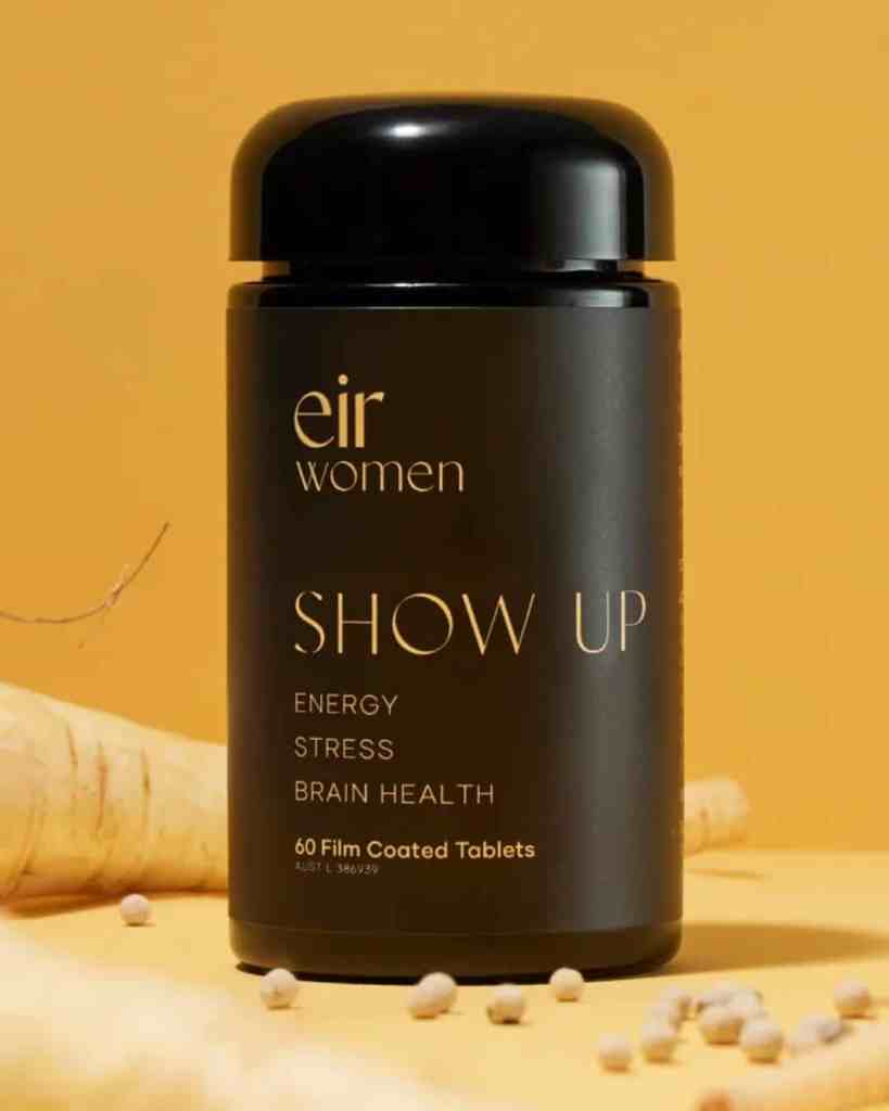 Black supplement bottle on yellow background.