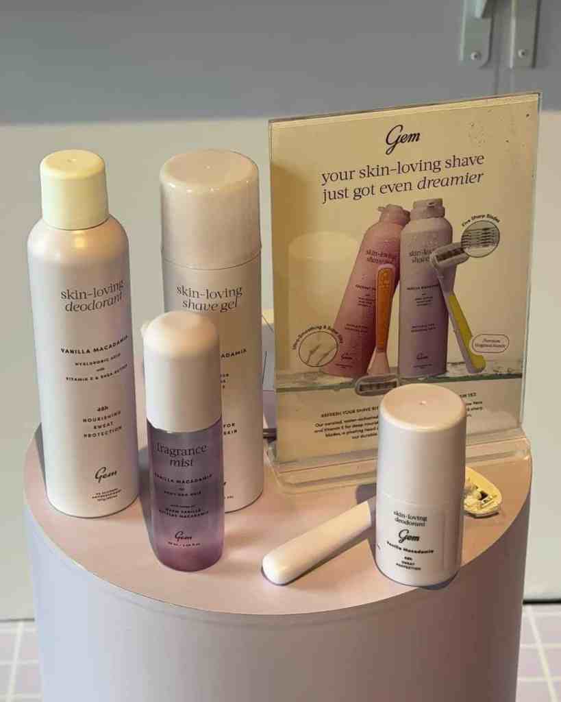 Luxurious shave gel, deodorant, and fragrance mist in an elegant display.