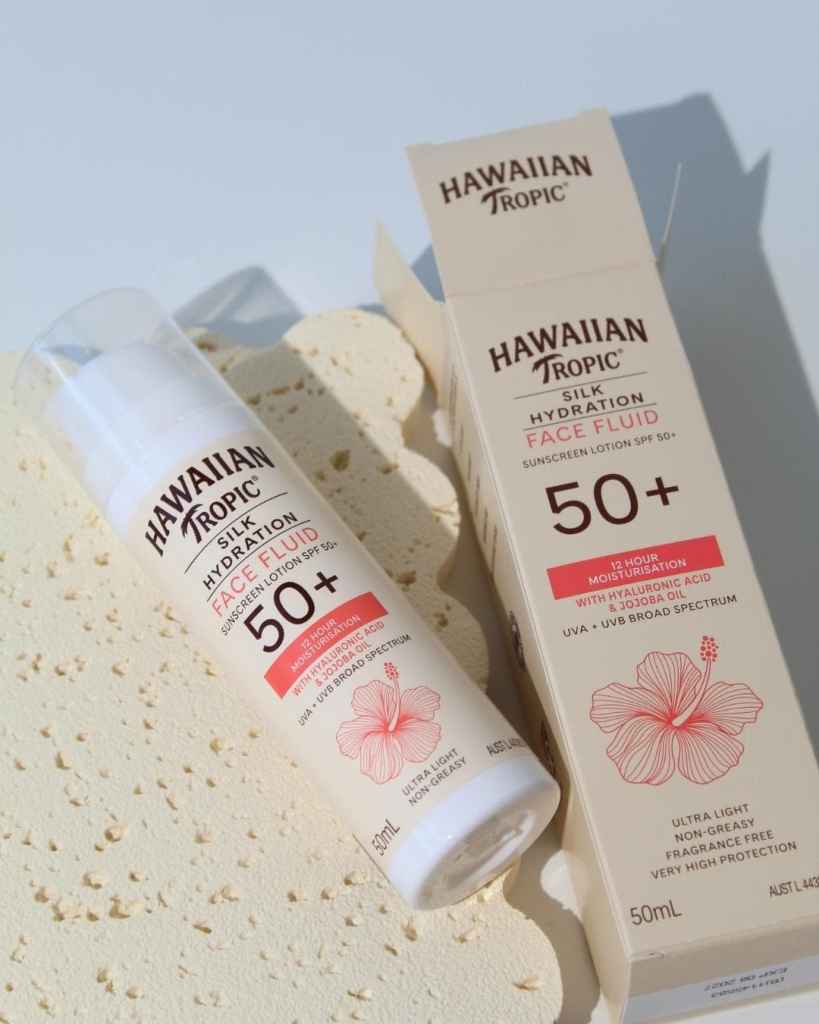 Hawaiian Tropic Silk Hydration face SPF 50+ lotion, with hyaluronic acid & jojoba oil.