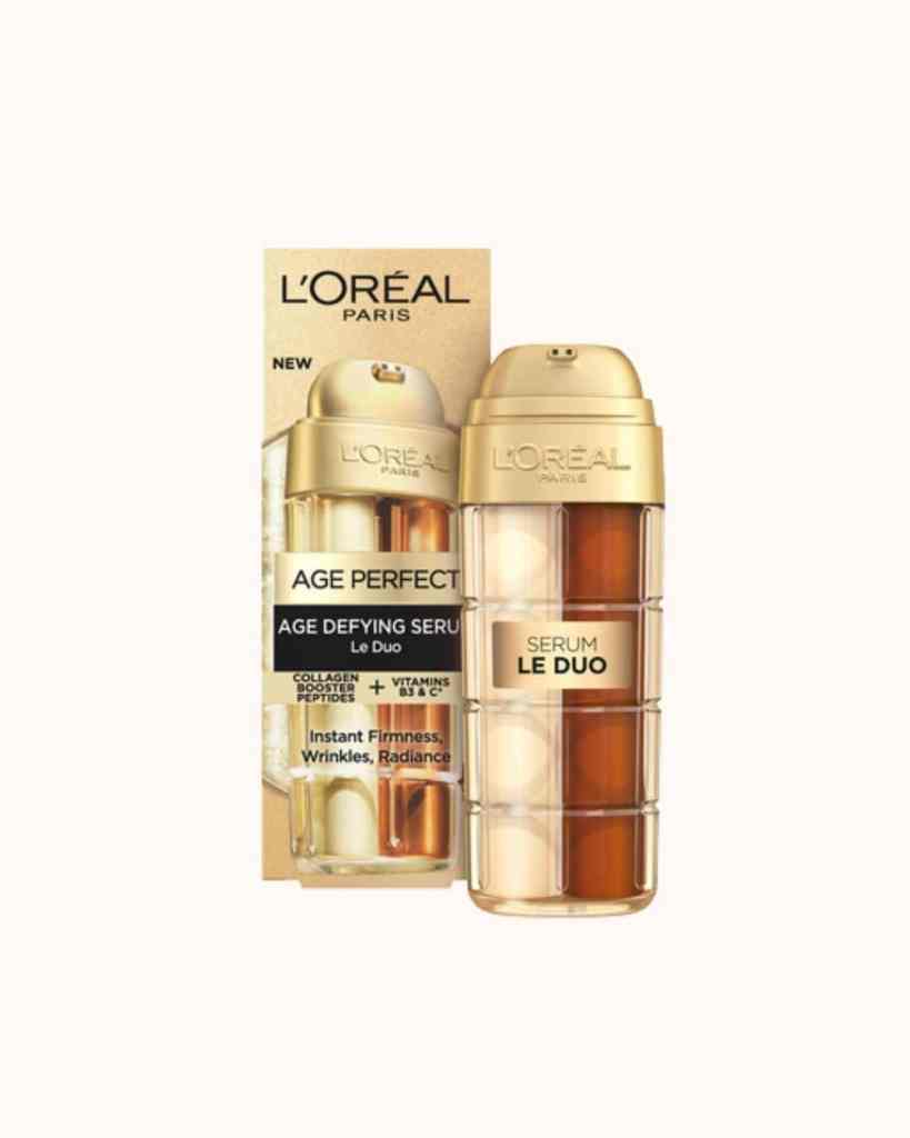 L'Oréal Paris Age Perfect serum with collagen boosters and vitamins B3 & C for youthful skin.
