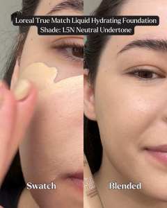 Close-up of a woman applying Loreal True Match Foundation, demonstrating blending technique for a natural look.