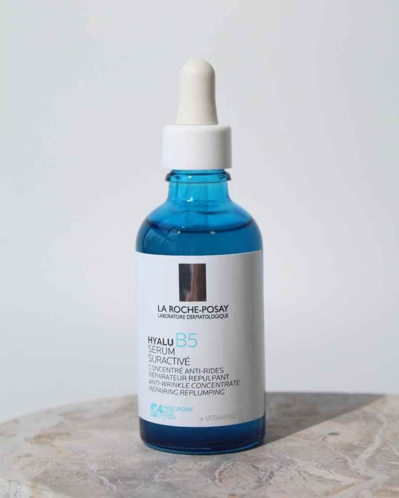 Alt text: Blue La Roche-Posay Hyalu B5 Serum with dropper applicator, skincare product.