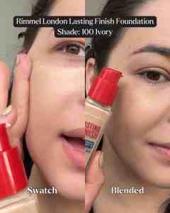 Close-up of woman applying Rimmel foundation for a natural, smooth finish on skin.