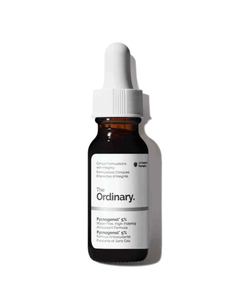 Close-up of The Ordinary Pycnogenol 5% antioxidant serum in dropper bottle.