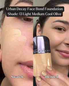Close-up of seamless foundation for radiant skin, featuring Urban Decay Face Bond Foundation.