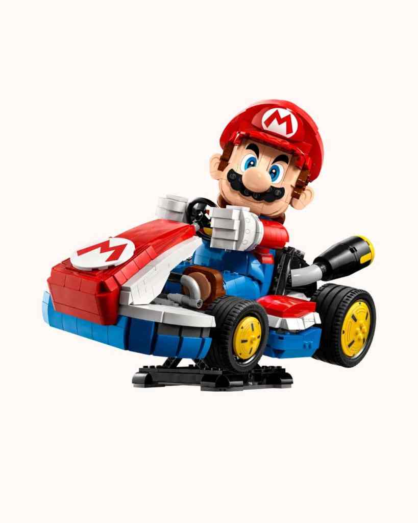LEGO Mario kart figure with racing car, colourful LEGO set inspired by Nintendo gaming, perfect for kids and collectors.