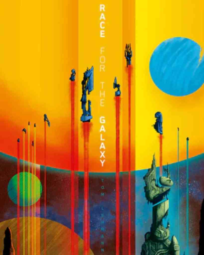 Futuristic galaxy race poster with vibrant colours and space-themed elements.