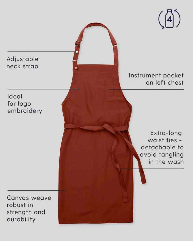 Durable red apron with adjustable neck strap, front pocket, and long waist ties, ideal for branding and cleaning.