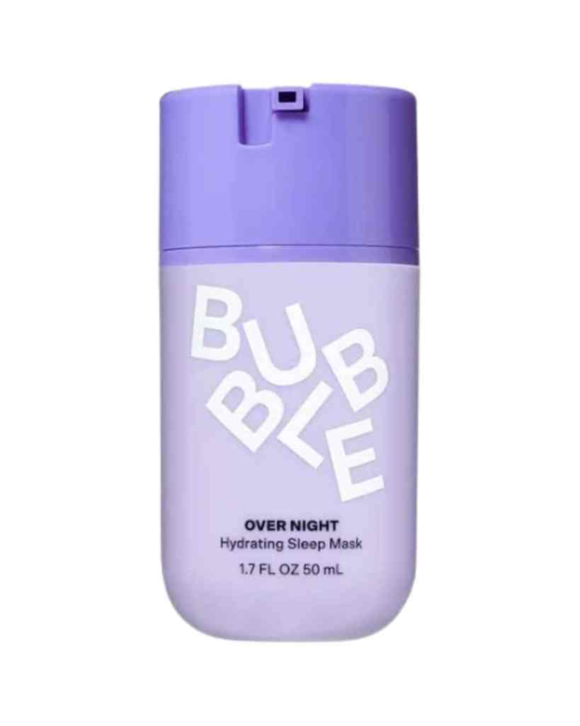 Purple hydrating sleep mask bottle featuring "BUBBLES" in bold white letters.