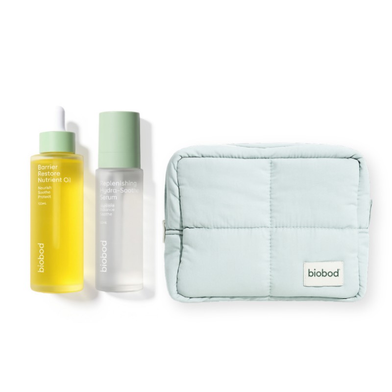 The glow gift set from biobod with replenishing hydra-soothe serum and barrier restore nutrient oil.