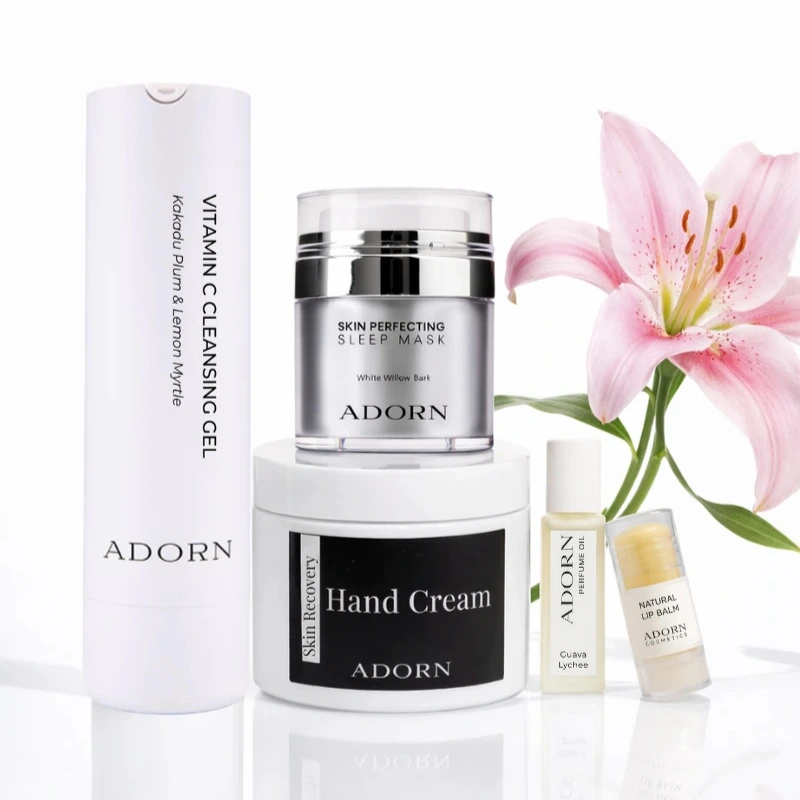 Mother’s Day Gift Set with cleanser, sleep mask, hand cream, natural perfume oil and lip balm from Adorn Cosmetics.