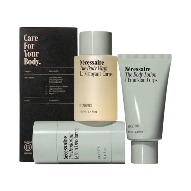 The best-selling minis in Eucalyptus. The Body Wash is a Multi-Oil Nourishing Cleanse, green and black packaging on a white background from Nécessaire.