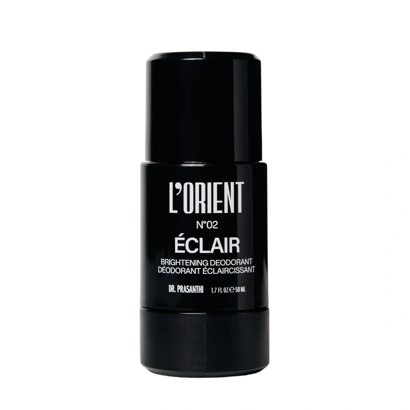 Black bottle of armpit whitening deodorant from L'orient on a white background.