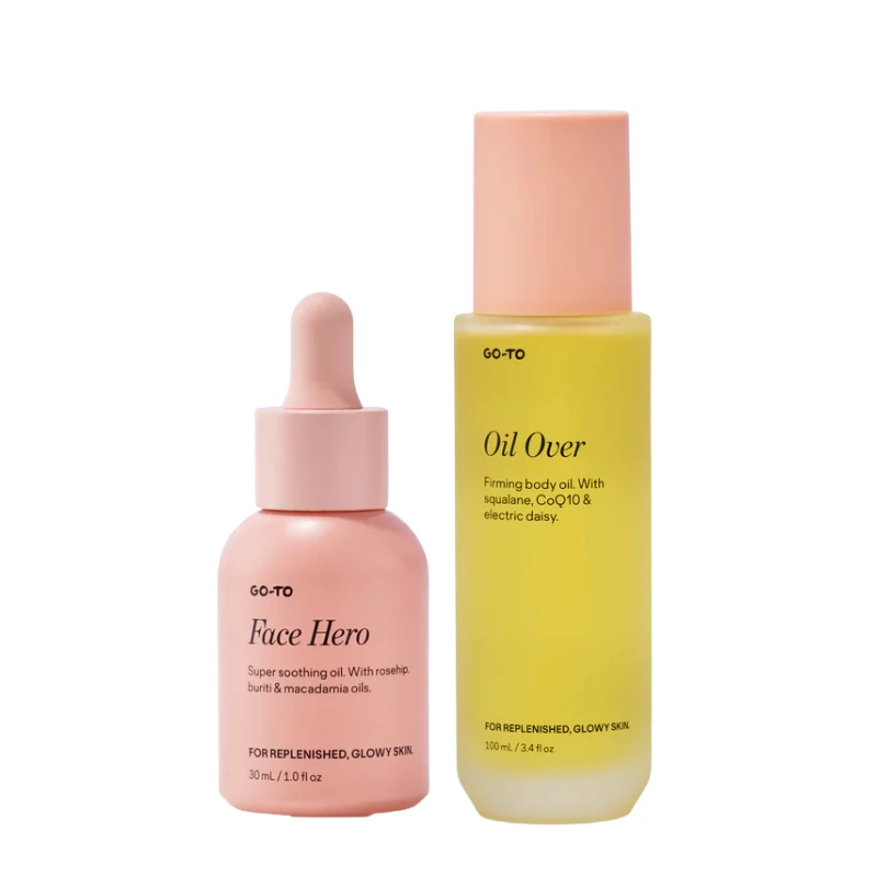 Pregnancy glow set with facial oil and body oil for mums to be from Go-To on a white background.