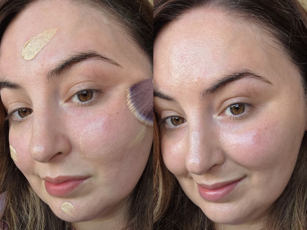 Naked Sundays BeautyBarrier SPF50 being blended with a buffing brush on sensitive, redness-prone skin, before and after application