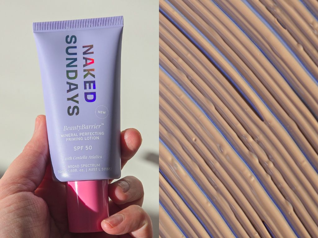 Naked Sundays BeautyBarrier Mineral Perfecting Priming Lotion SPF50 tube held in hand alongside a close-up of the creamy zinc formula texture