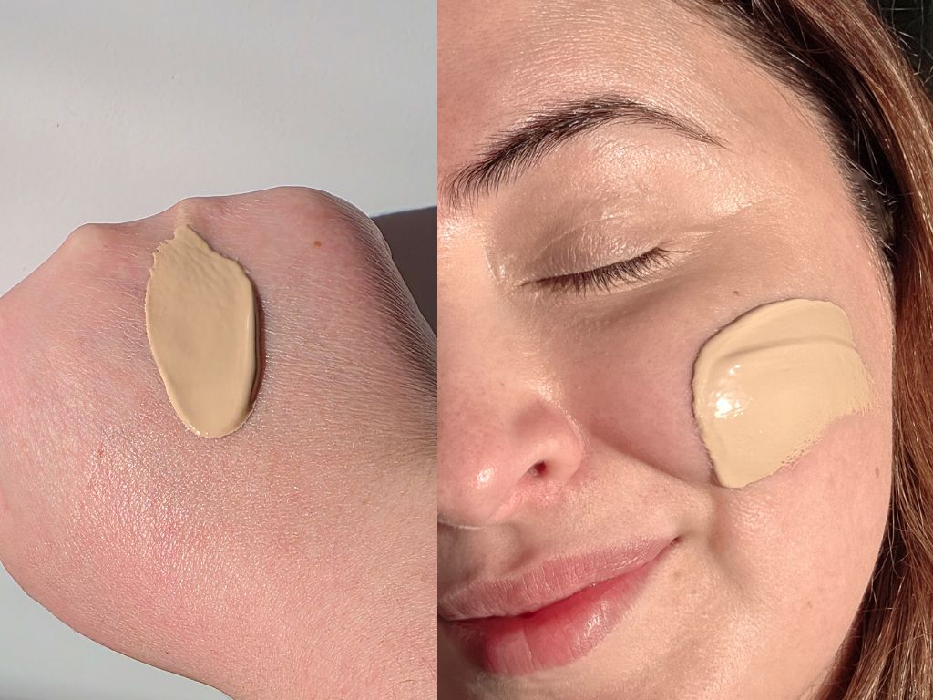 Naked Sundays BeautyBarrier SPF50 swatched on hand and cheek showing the formula's warm-toned, skin-perfecting finish