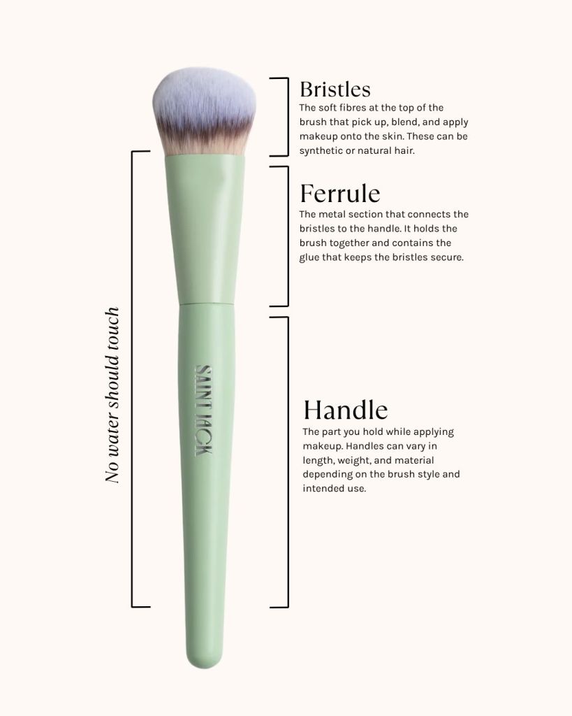 Diagram of makeup brush parts showing bristles, ferrule, and handle