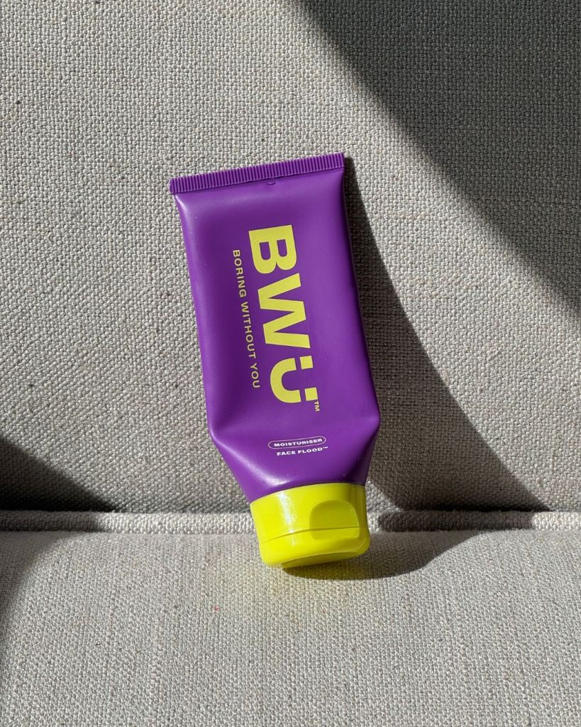 Boring Without You Face Flood moisturiser in purple tube, a lightweight AM moisturiser for combination skin