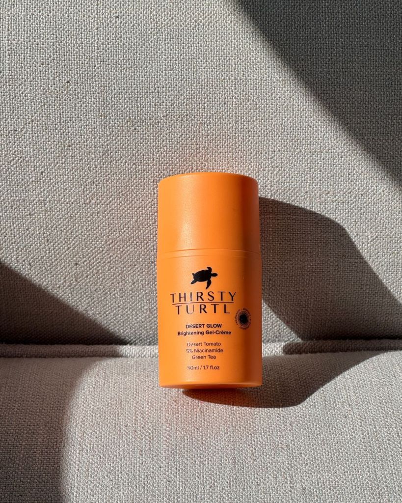 Thirsty Turtl Desert Glow Brightening Gel-Crème in orange packaging, a niacinamide moisturiser for congestion-prone skin