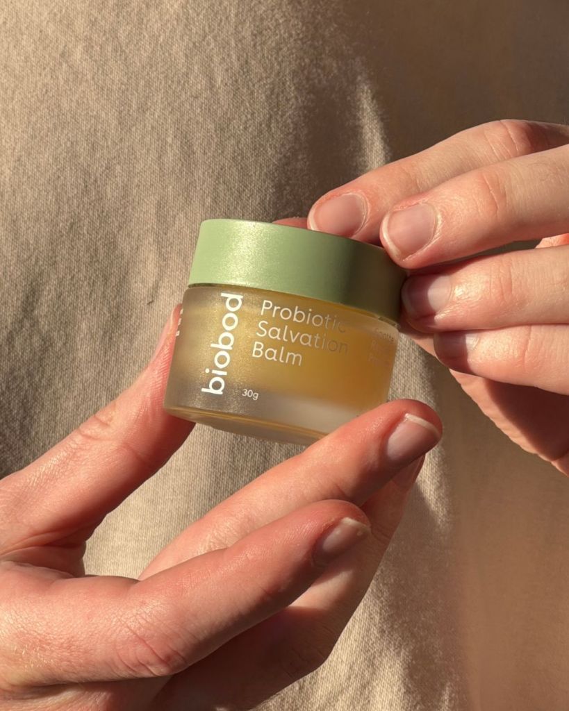 Close-up of the biobod Probiotic Salvation Balm 30g jar